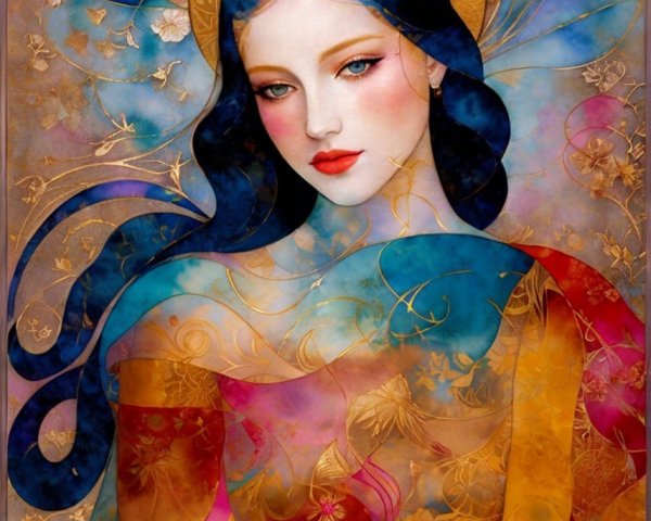 Illustrated figure with blue hair and floral robes