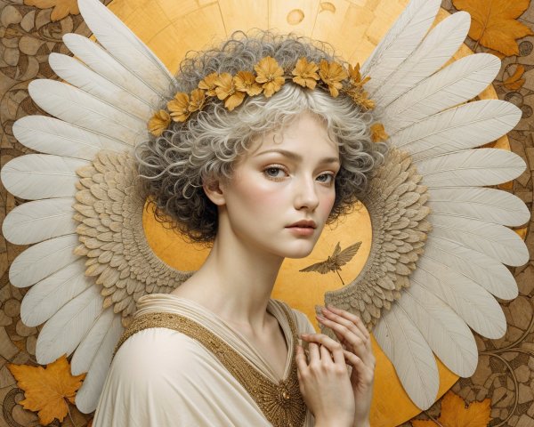 Serene Figure with Gray Hair and Golden Wings