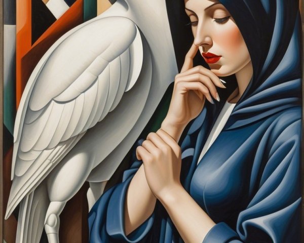 Woman in Blue Cloak with White Heron and Geometric Background