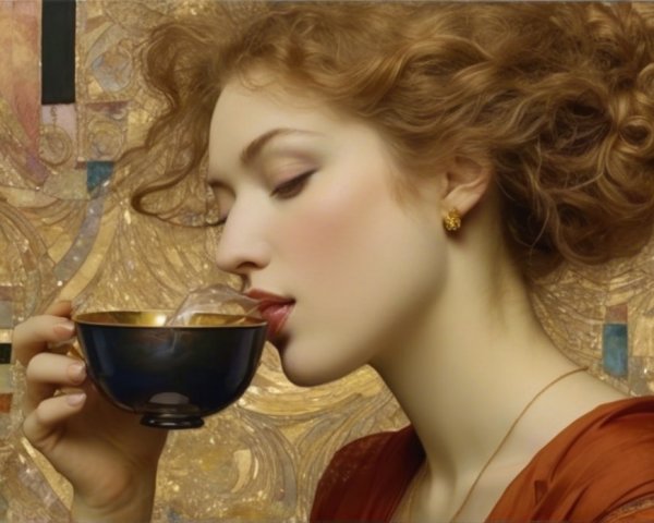 Elegant woman with curly red hair and blue cup