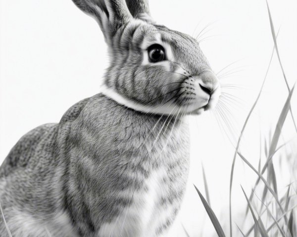 Black and white image of a rabbit in tall grass