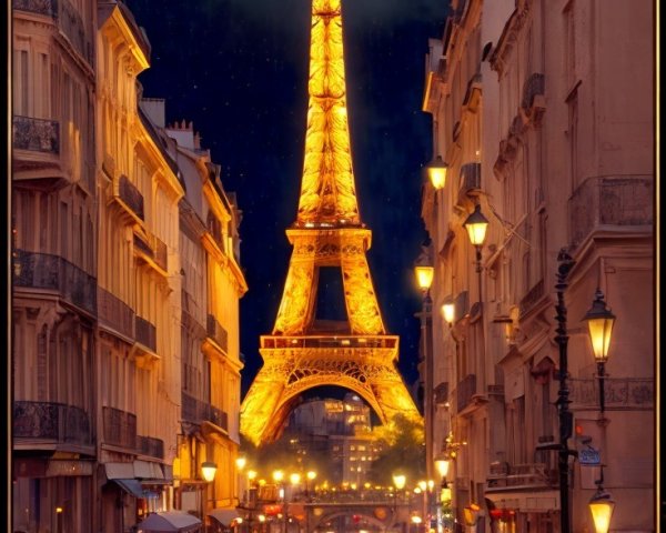 Parisian Night Street Scene with Eiffel Tower Glow