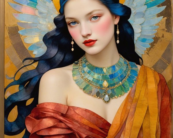 Colorful Winged Figure in Elegant Gown with Gemstones