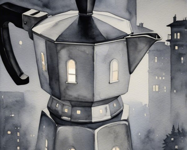 Whimsical Watercolor of Moka Pot in Urban Setting
