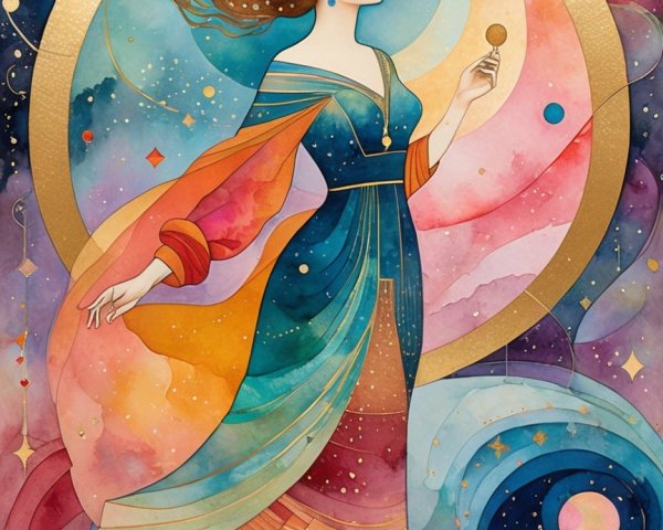 Woman in Multicolored Gown Against Celestial Backdrop