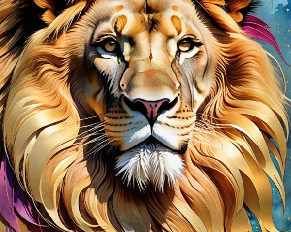 Majestic lion with vibrant mane and colorful background