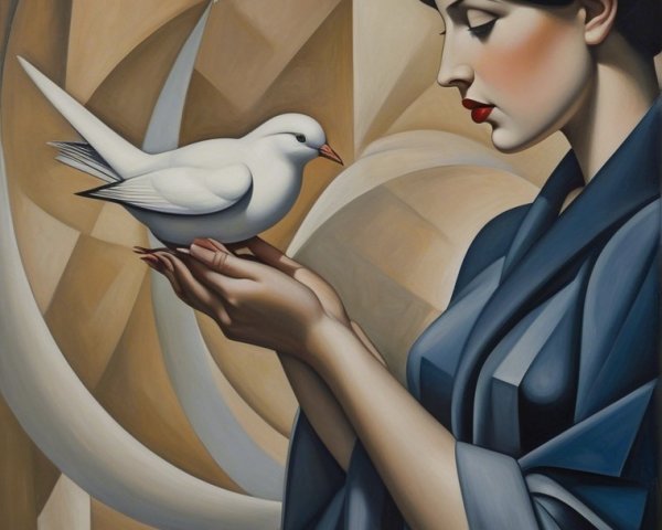 Serene Woman in Blue Robe Holding a White Dove