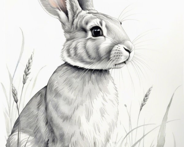 Detailed Illustration of a Rabbit in a Field