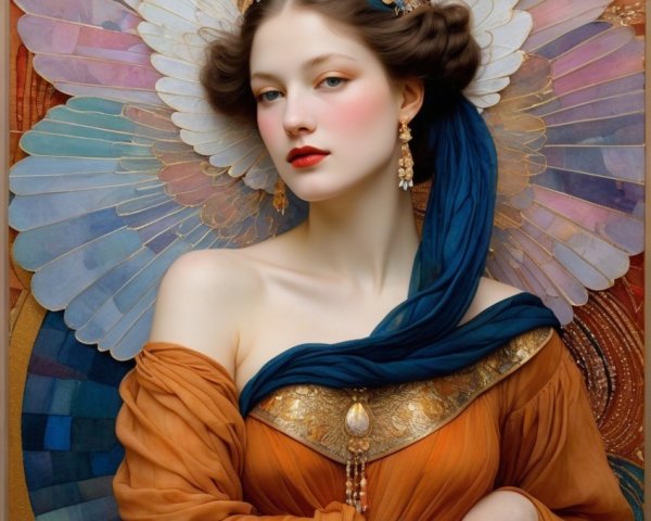 Majestic Woman in Orange Gown with Ethereal Wings