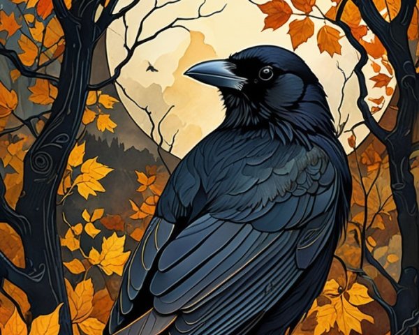 Raven on Branch with Autumn Leaves and Full Moon