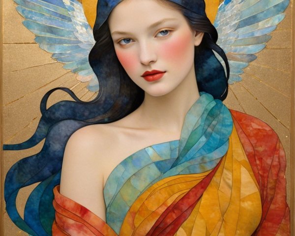 Serene Angelic Figure with Multicolored Hair and Wings