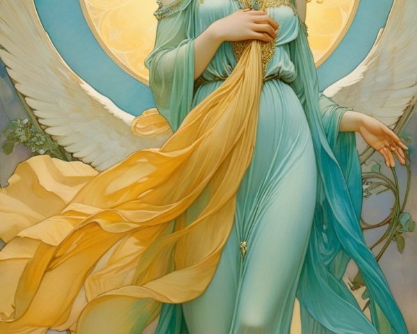 Serene angelic figure with turquoise and golden garments