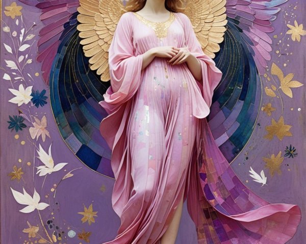 Serene figure in pink gown with angelic wings and flowers