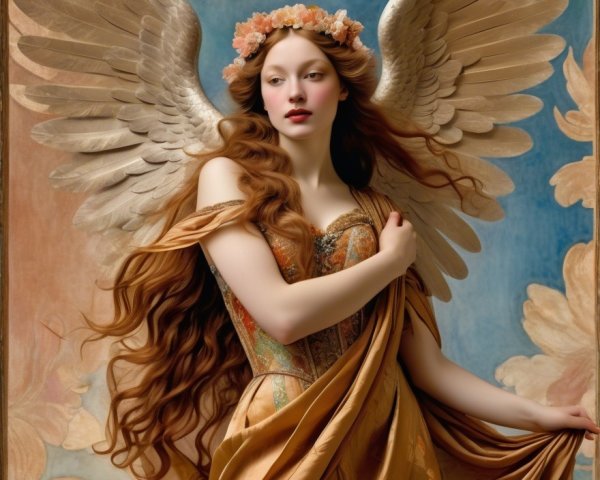 Angelic Figure with Detailed Wings and Floral Gown