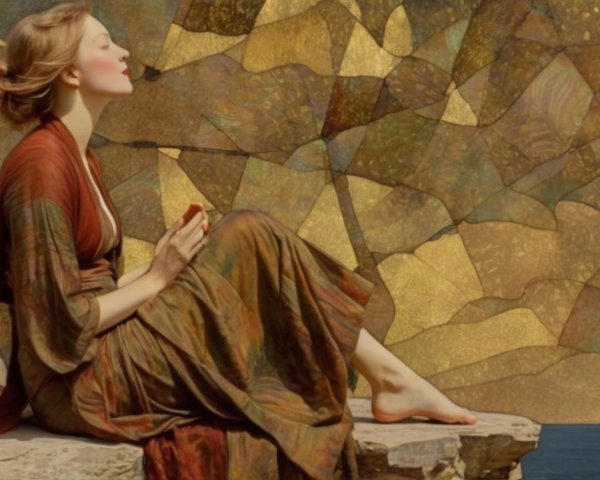 Serene Woman in Elegant Gown on Rocky Ledge