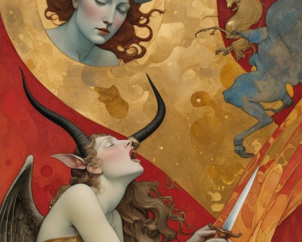 Mystical Artwork with Horned Figures and Fantasy Elements