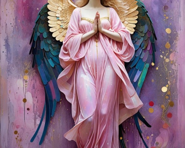 Serene angel in pink gown with iridescent wings