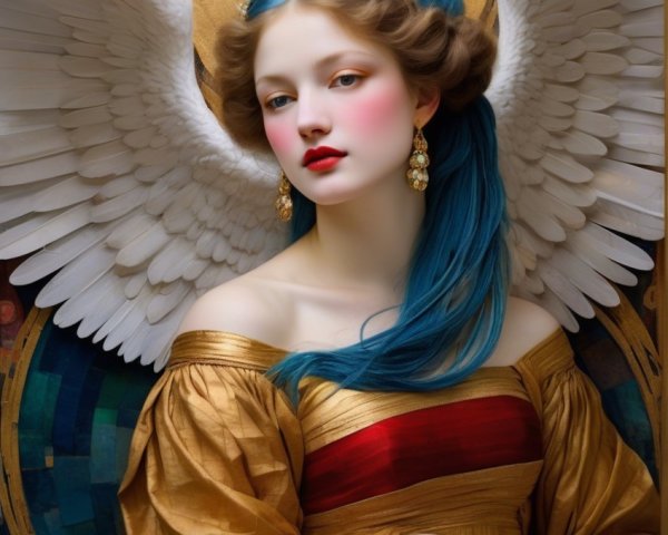 Serene figure with blue hair and golden gown