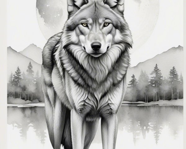 Wolf Against Full Moon with Mountains and Lake
