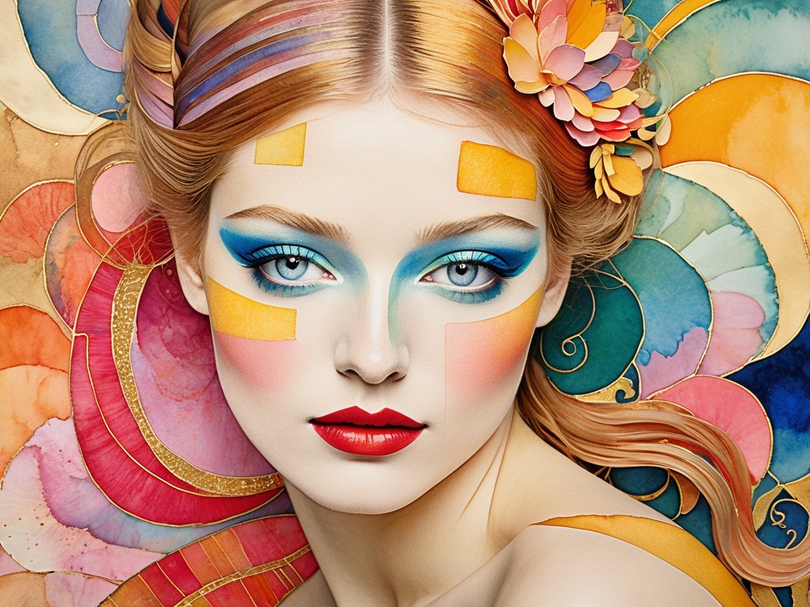 Portrait of a Woman with Colorful Makeup and Floral Background