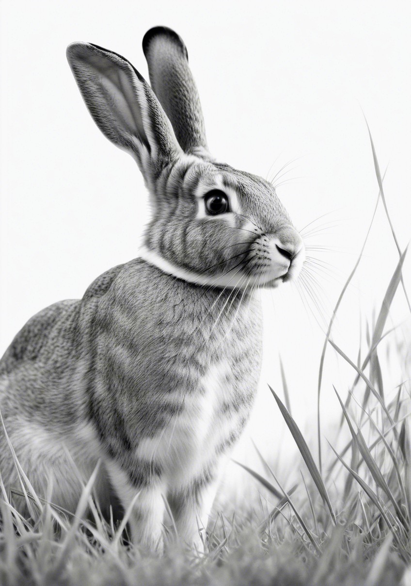 Black and white image of a rabbit in tall grass