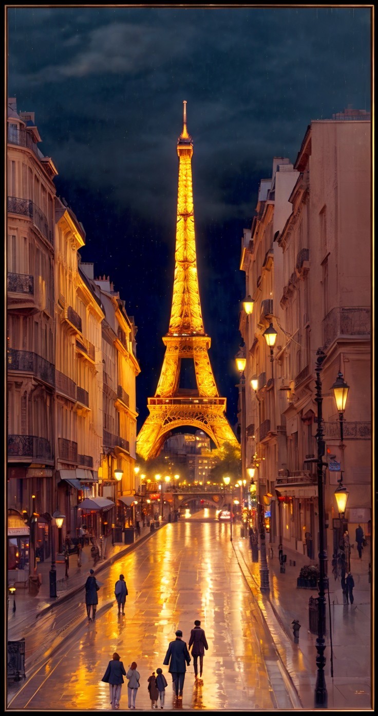 Parisian Night Street Scene with Eiffel Tower Glow