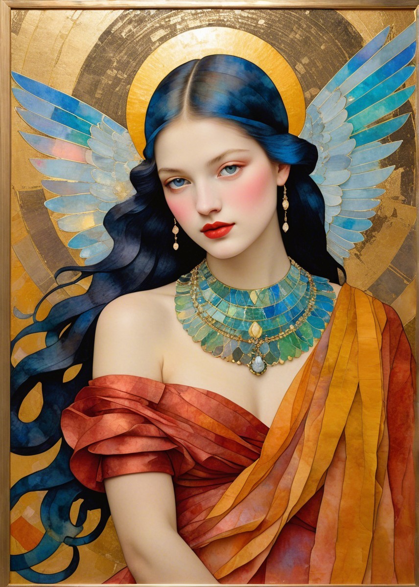 Colorful Winged Figure in Elegant Gown with Gemstones