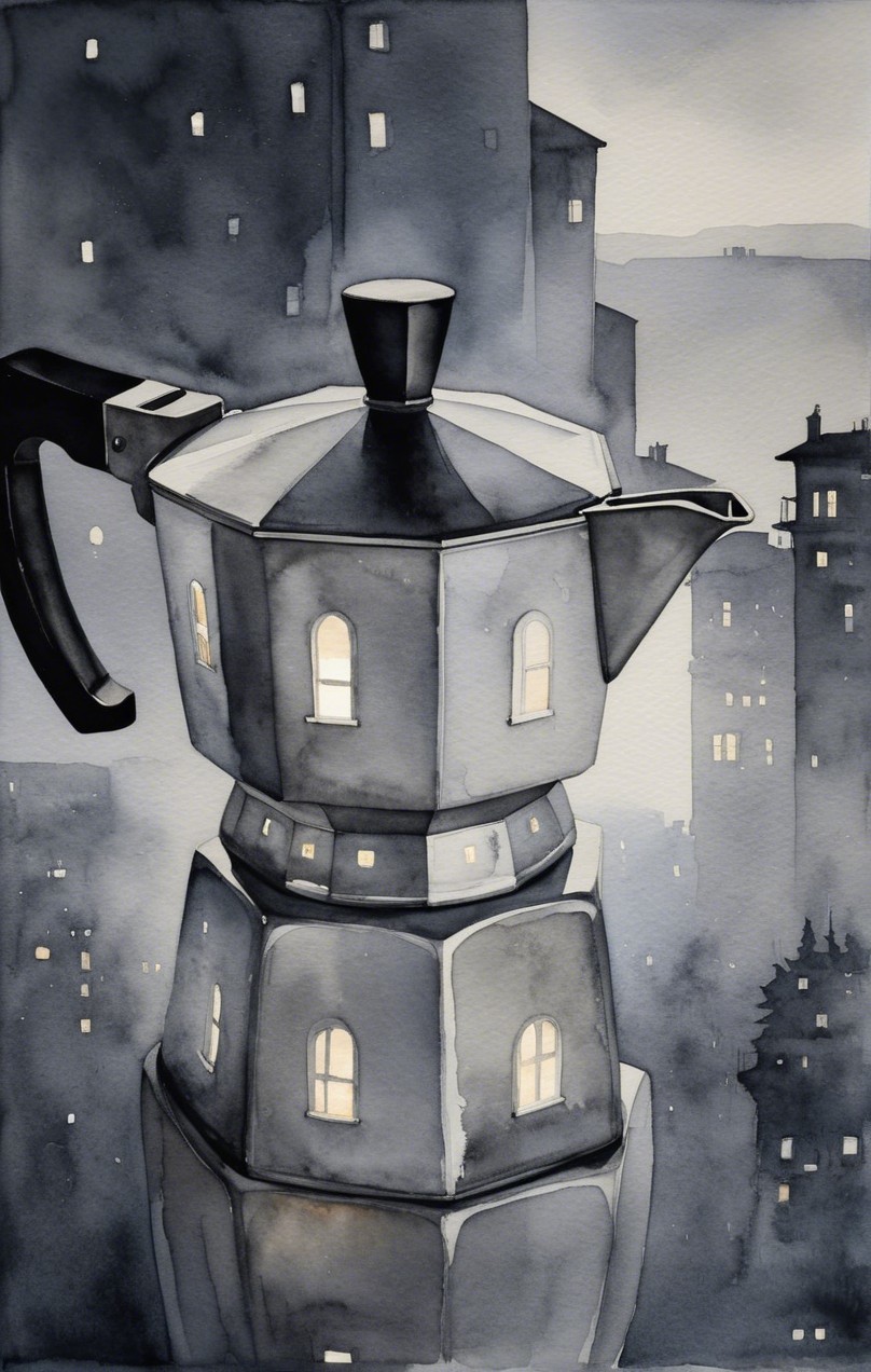 Whimsical Watercolor of Moka Pot in Urban Setting