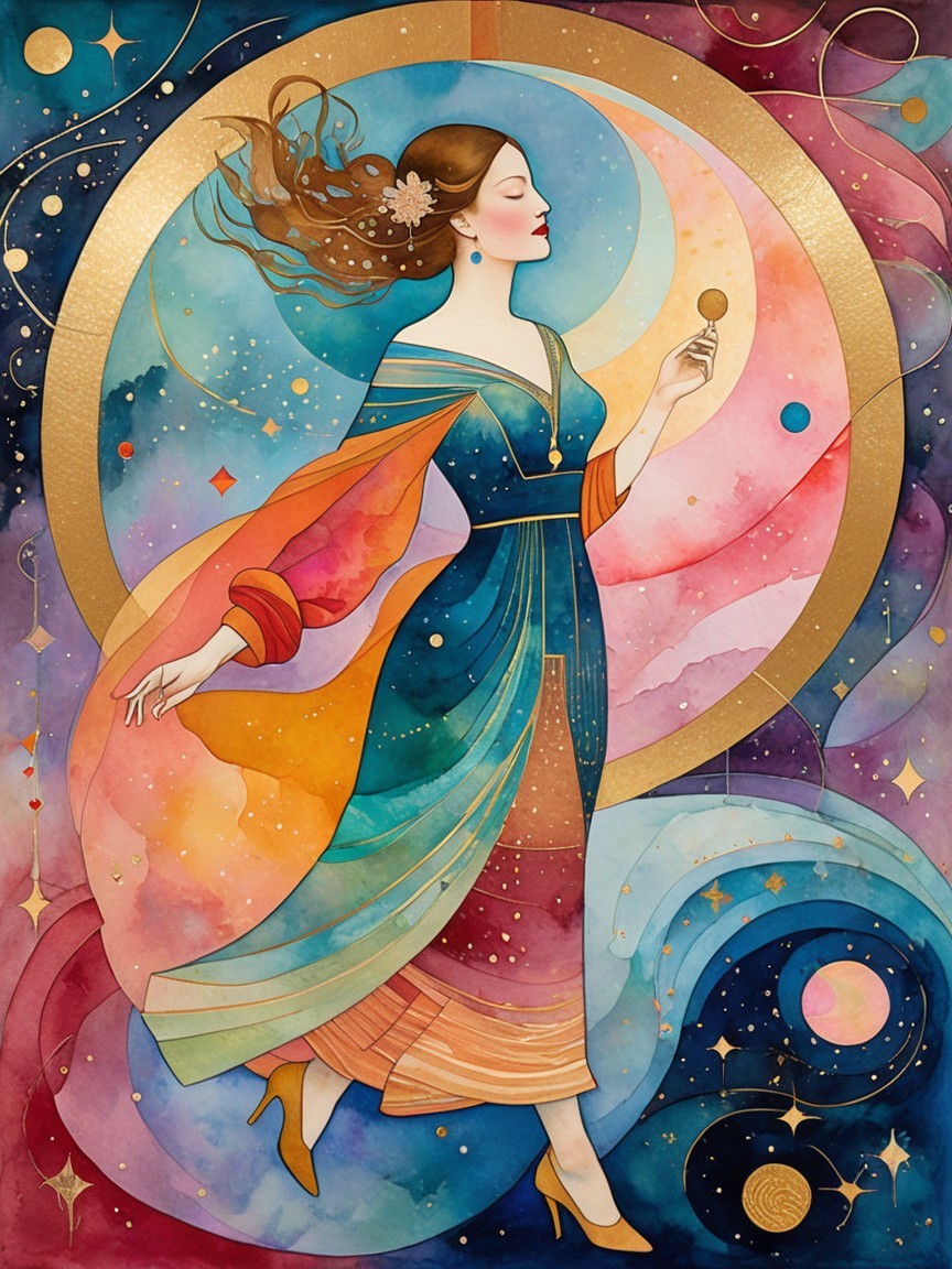 Woman in Multicolored Gown Against Celestial Backdrop
