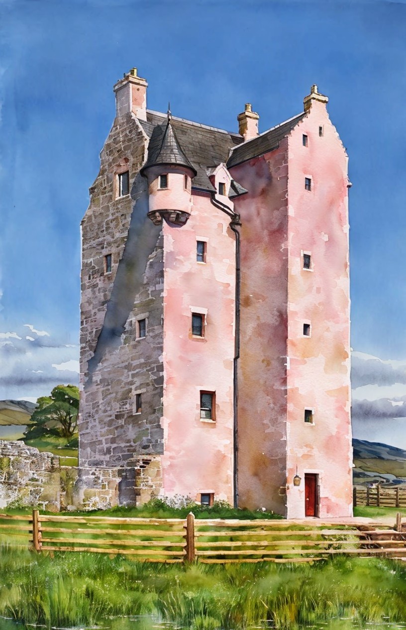 Charming Pink Tower House in Serene Rural Setting