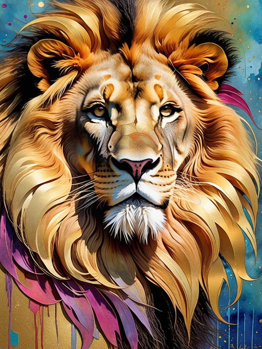 Majestic lion with vibrant mane and colorful background