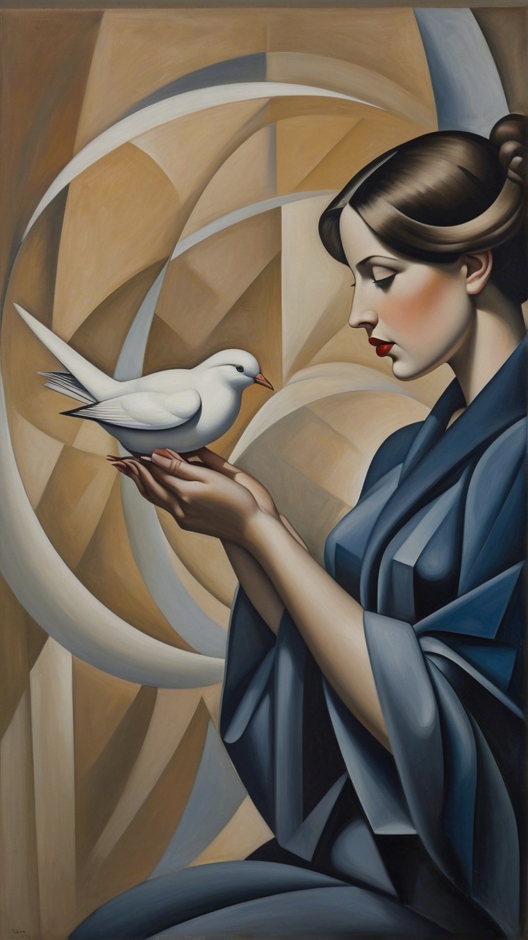Serene Woman in Blue Robe Holding a White Dove