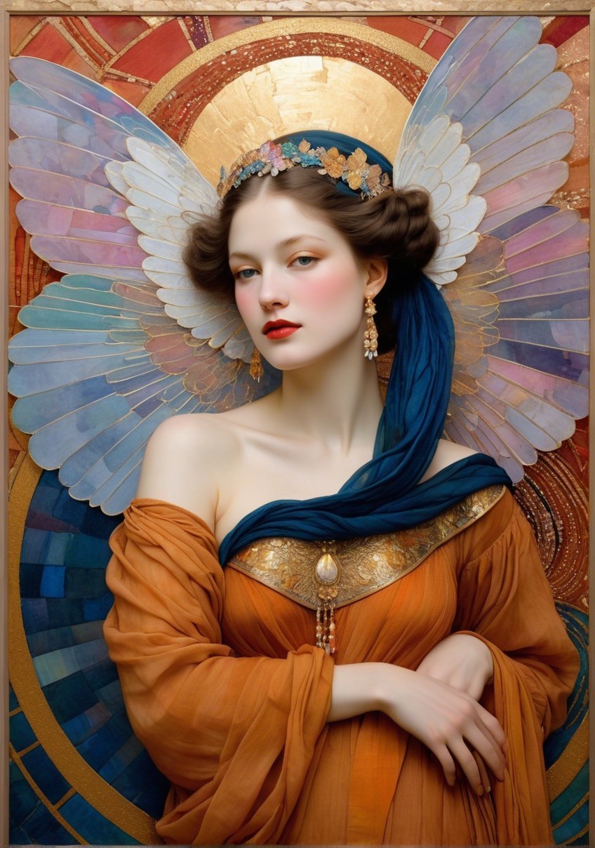 Majestic Woman in Orange Gown with Ethereal Wings