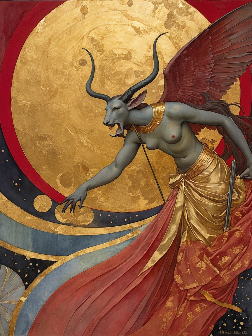 Fantasy Figure with Goat Head and Wings in Red Garb