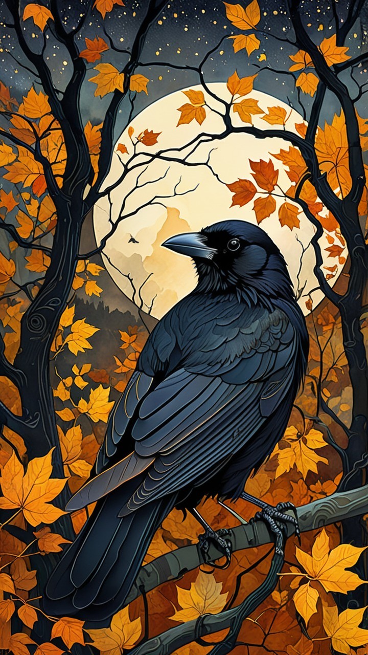 Raven on Branch with Autumn Leaves and Full Moon