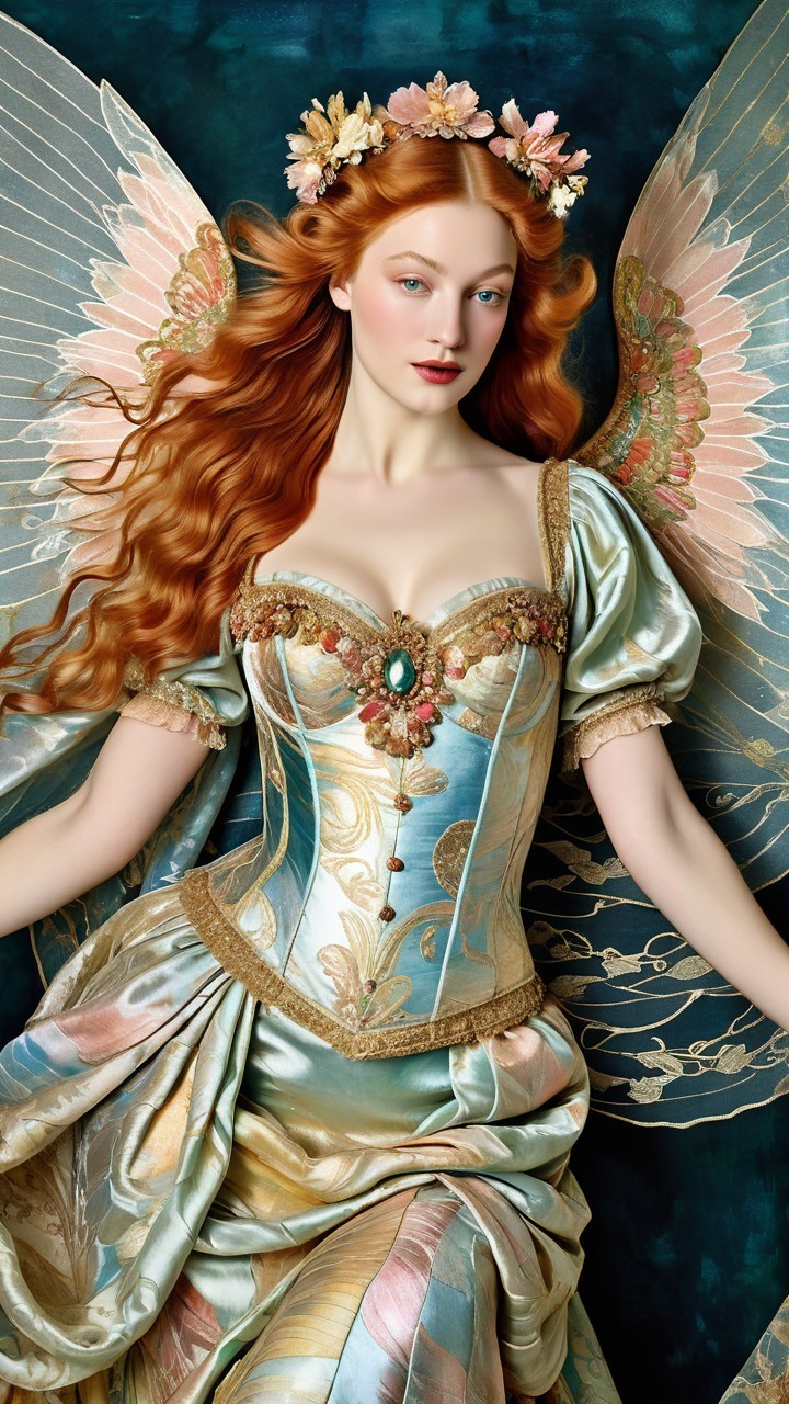 Fairy in Pastel Gown with Floral Crown and Wings
