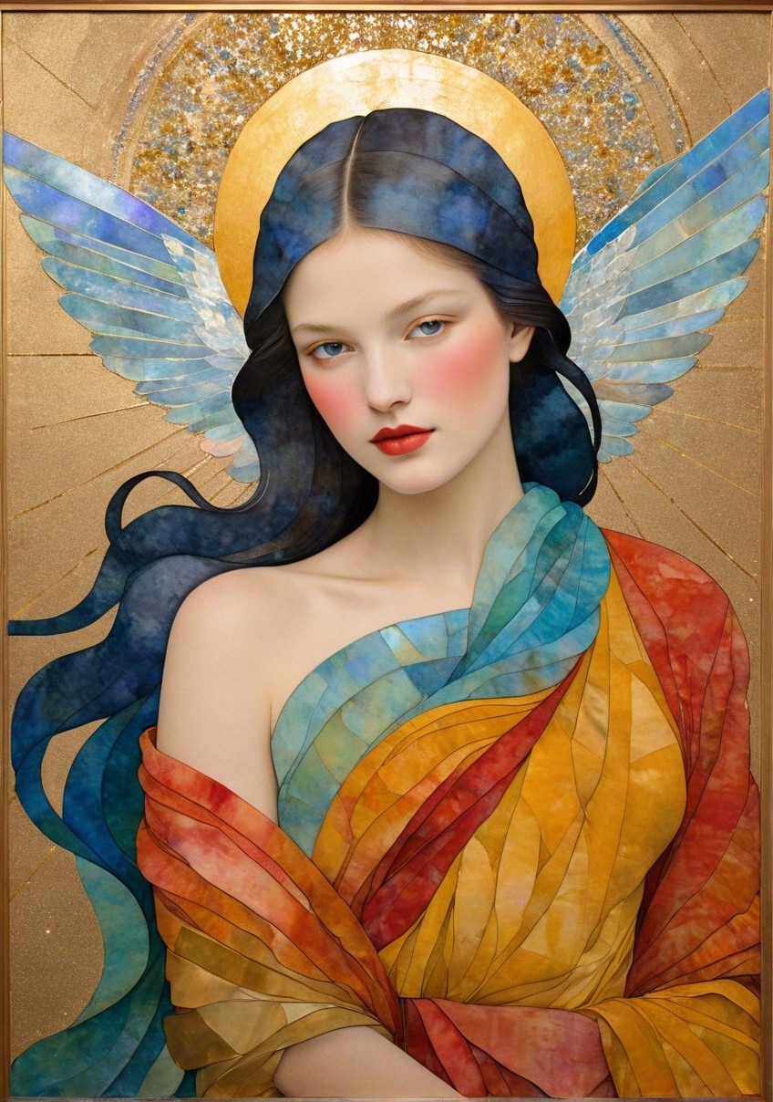 Serene Angelic Figure with Multicolored Hair and Wings