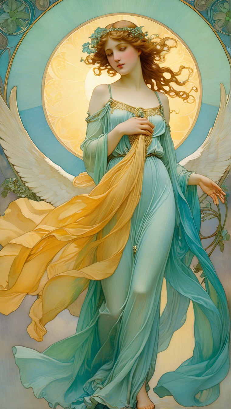 Serene angelic figure with turquoise and golden garments