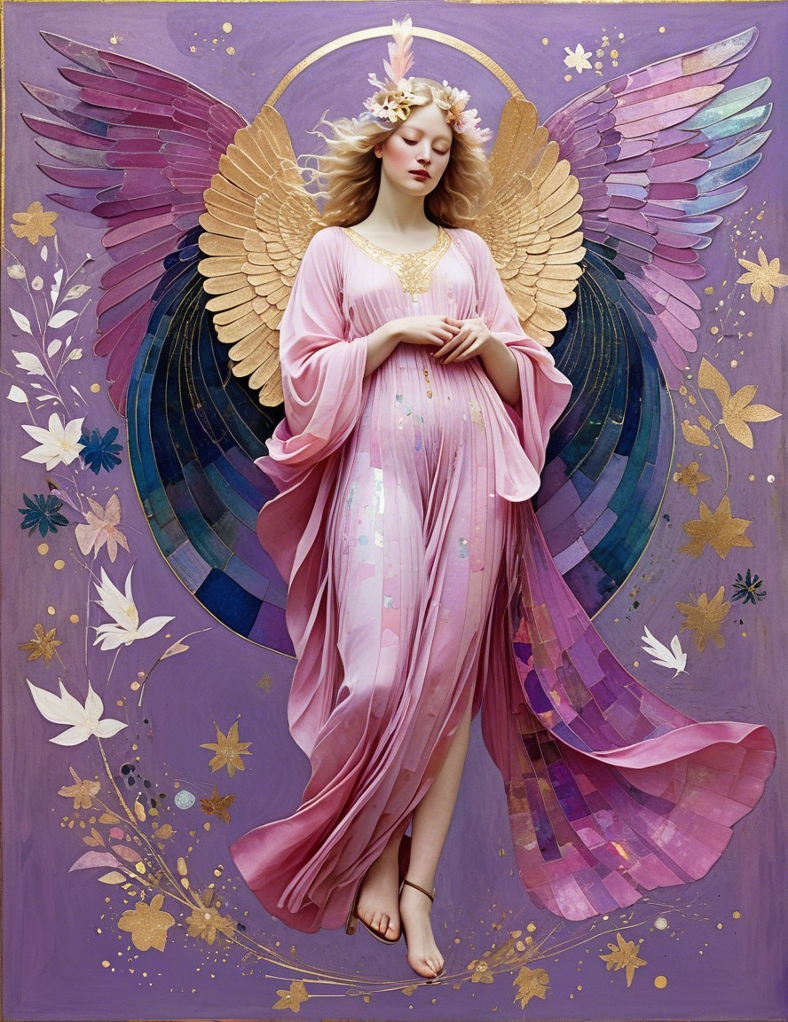 Serene figure in pink gown with angelic wings and flowers