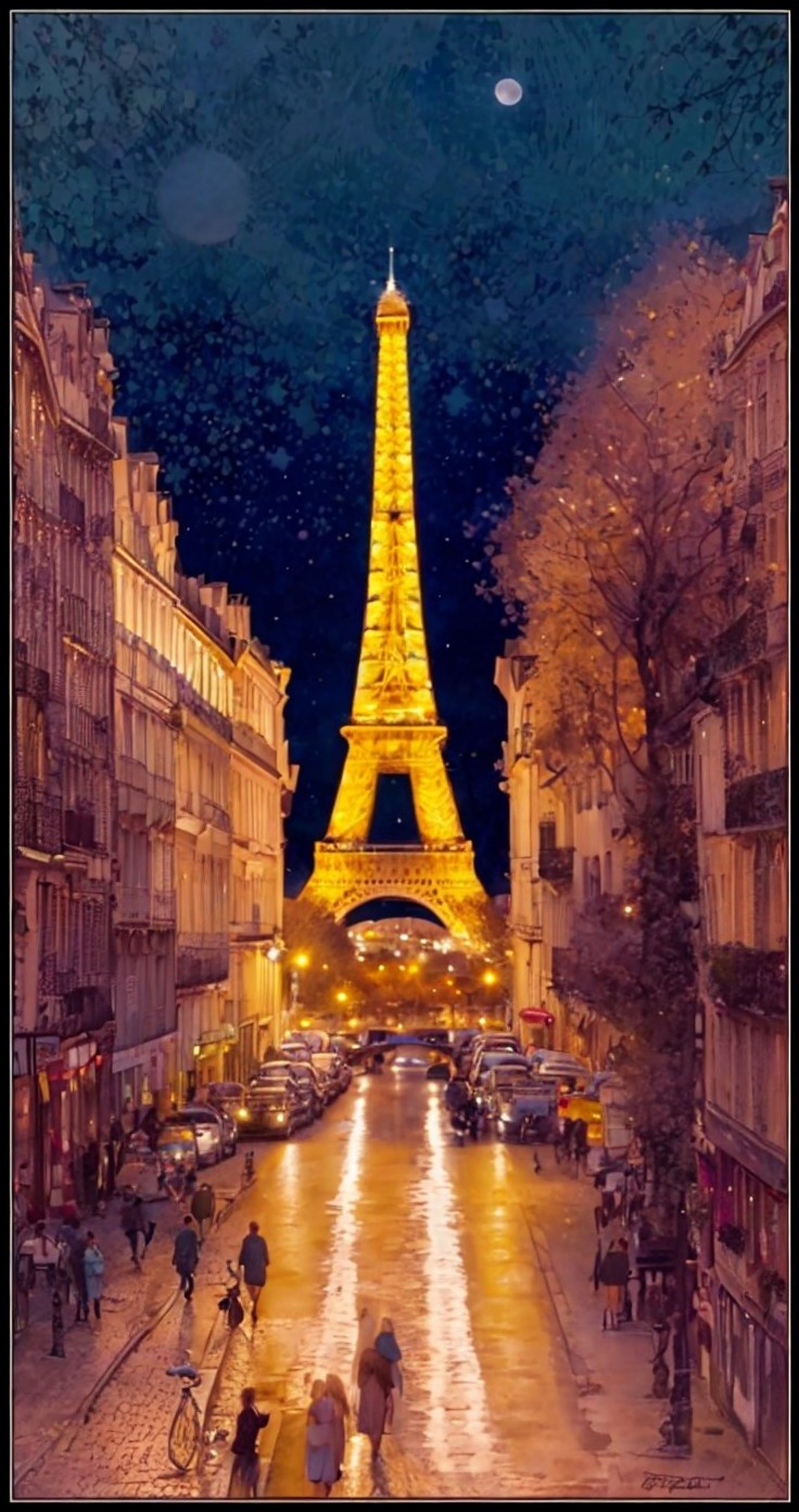 Paris Street at Night with Eiffel Tower Glow