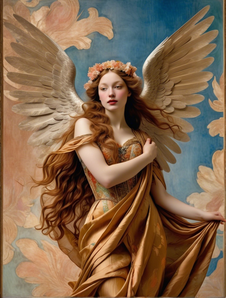 Angelic Figure with Detailed Wings and Floral Gown