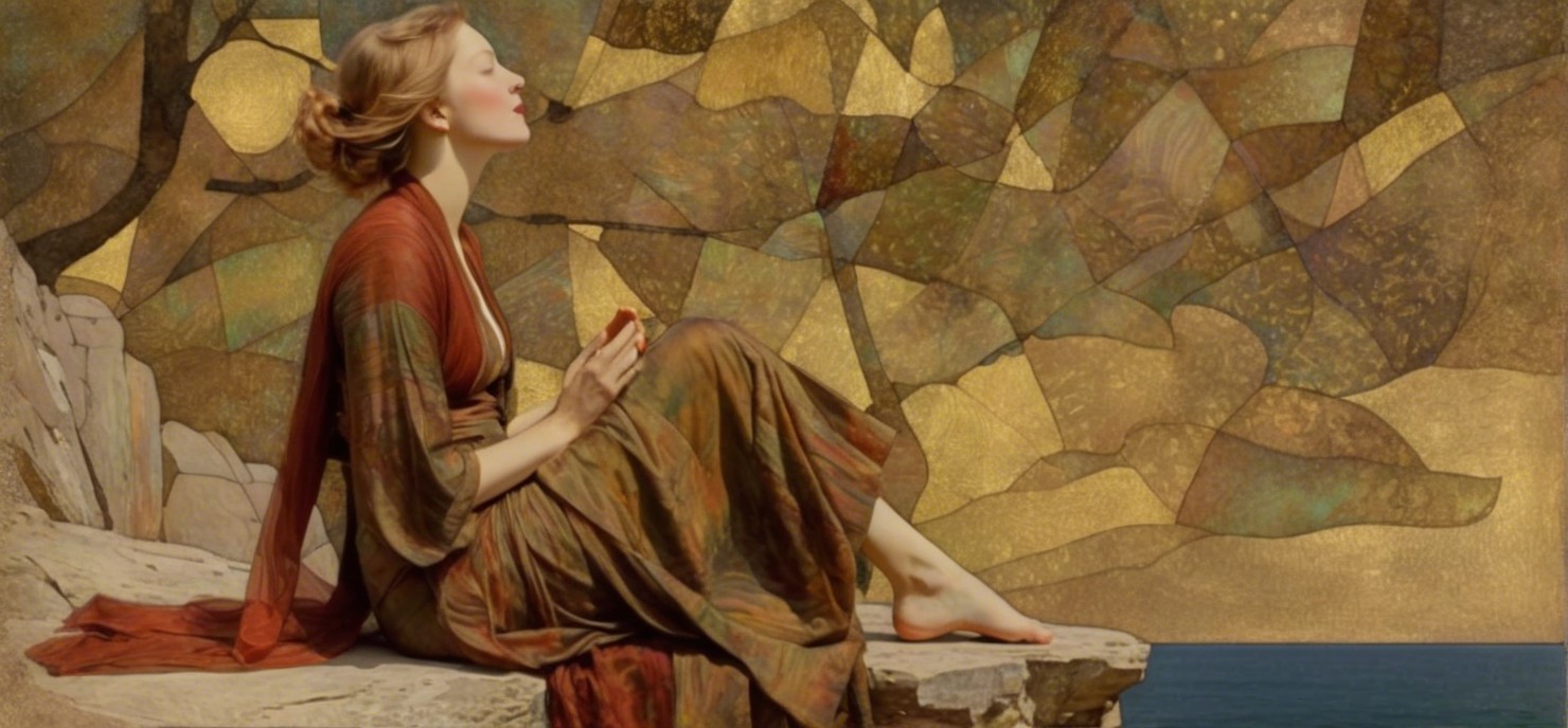 Serene Woman in Elegant Gown on Rocky Ledge