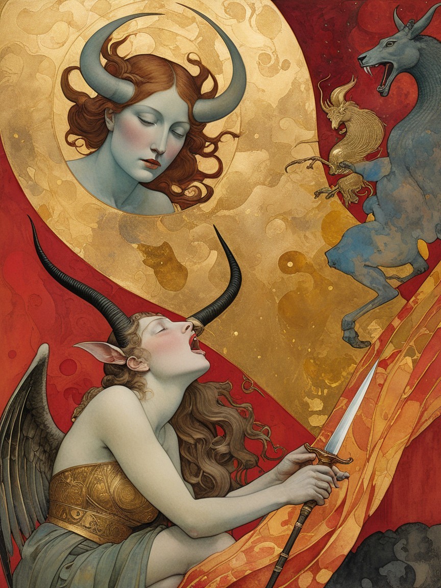 Mystical Artwork with Horned Figures and Fantasy Elements