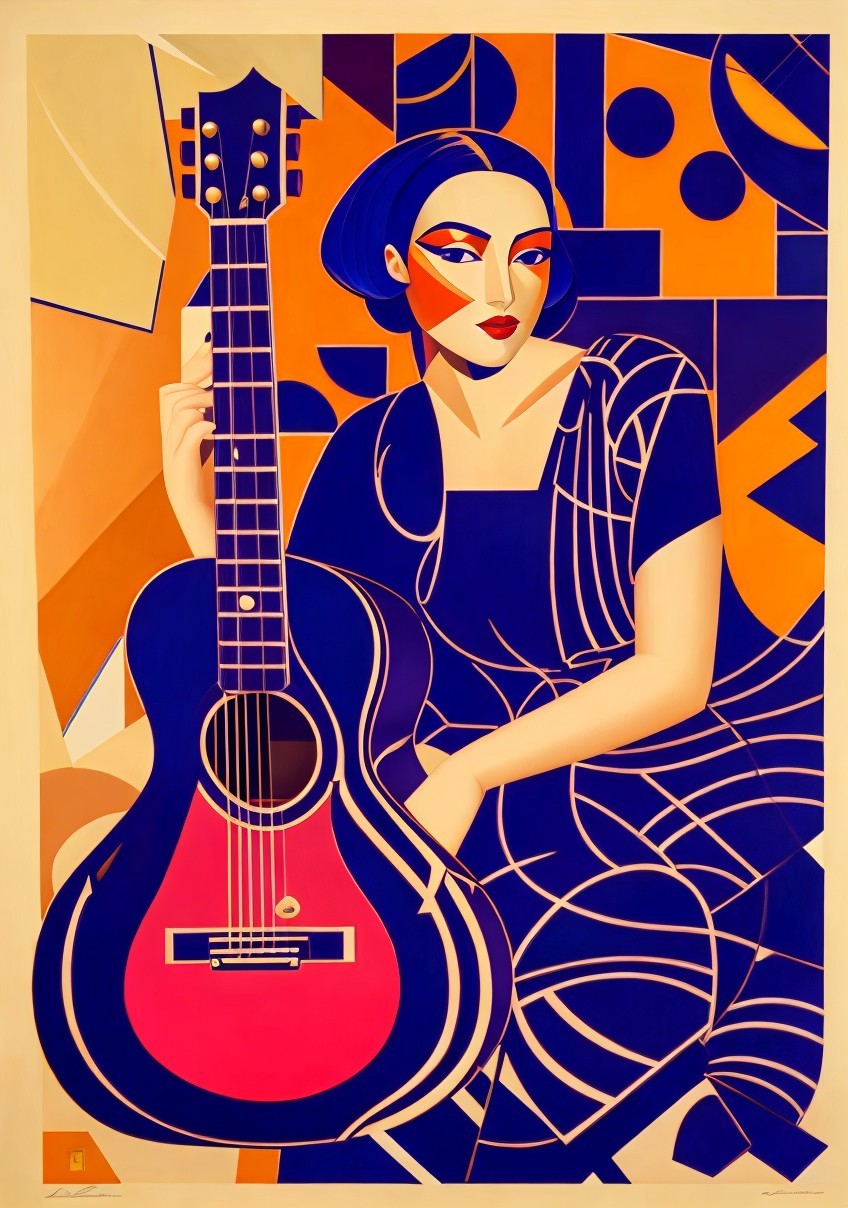 Vibrant Illustration of Woman with Acoustic Guitar