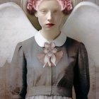 Young woman with wings and halo in vintage dress