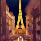 Paris Street at Night with Eiffel Tower Glow