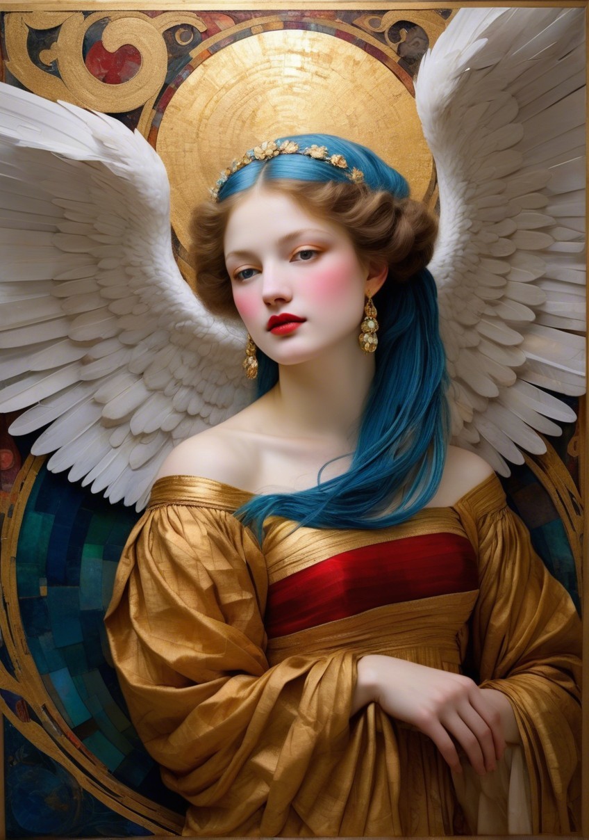 Serene figure with blue hair and golden gown