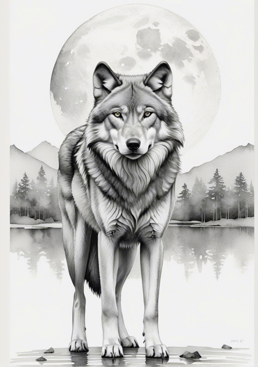 Wolf Against Full Moon with Mountains and Lake