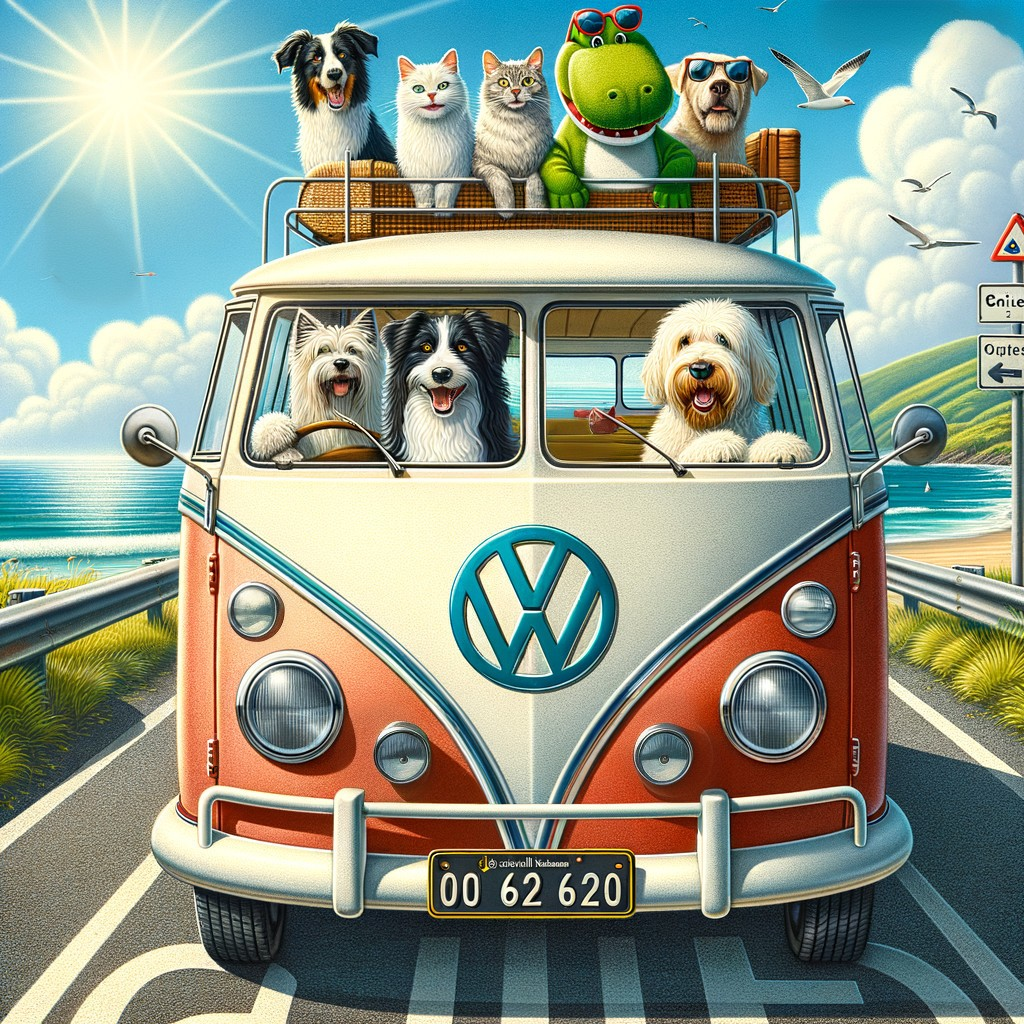 Animals in a Colorful VW Van on Coastal Road