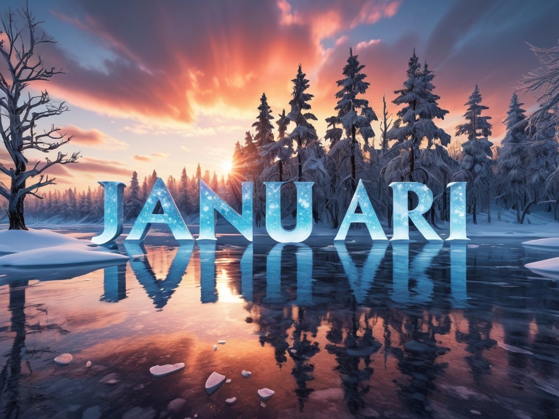 Icy Blue 3D Letters of "JANUARI" on Frozen Water